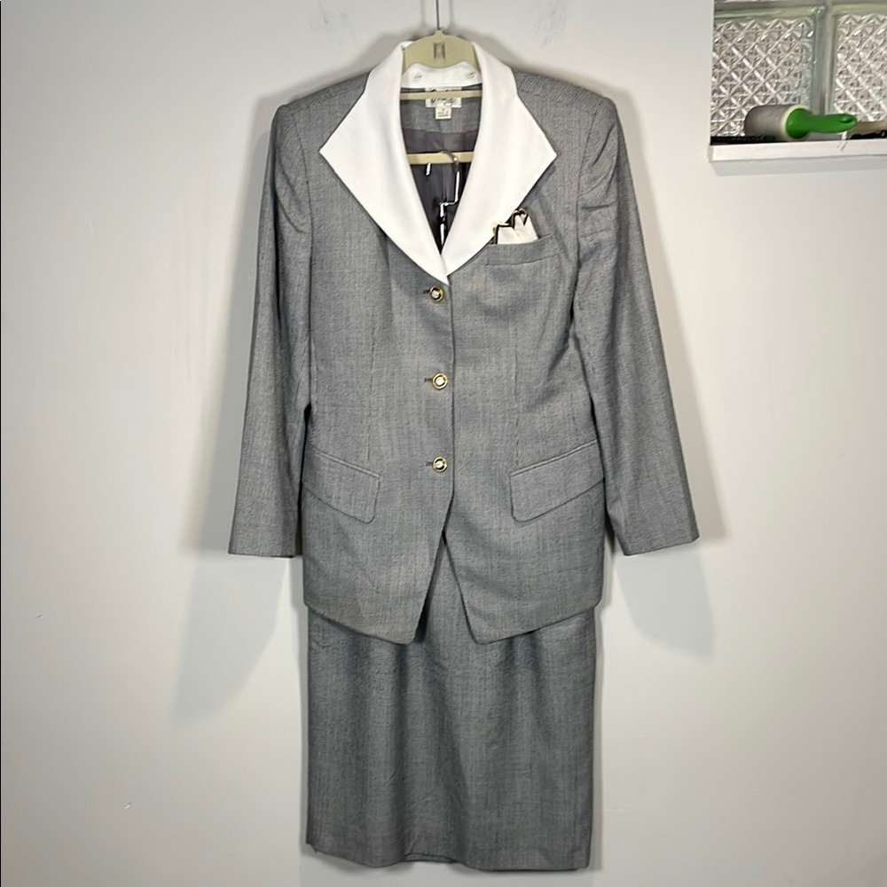 Vintage 80s Power Suit Skirt Set Gray Blazer Office Career Core Size 10 - Picture 2 of 16